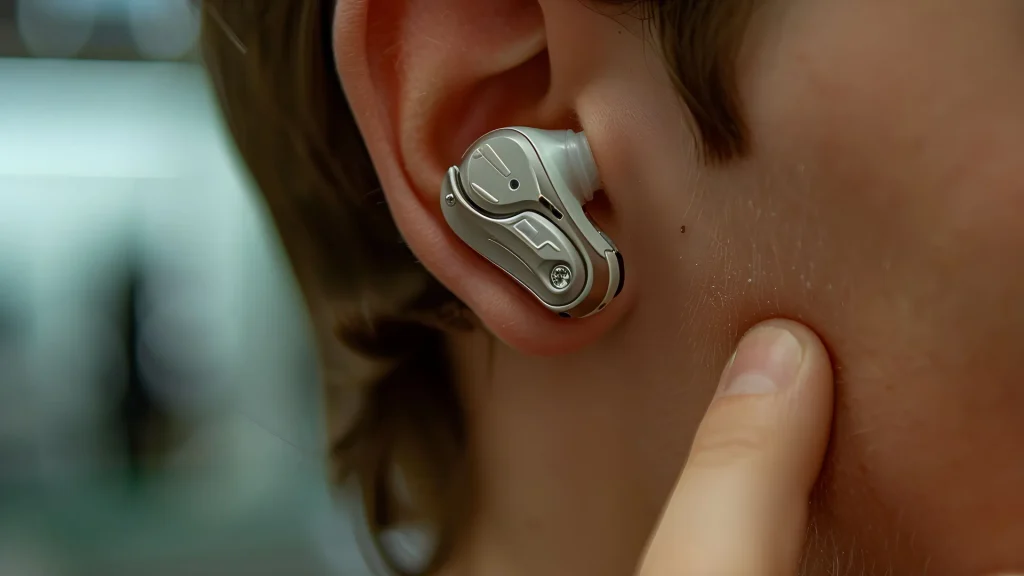 Persona ajustándose un audífono intraauricular, uno de los tipos de audífonos más discretos