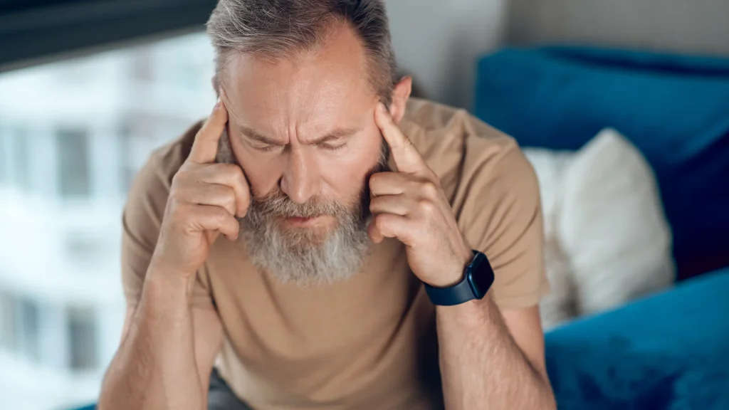 Hombre con dolor de cabeza, uno de los síntomas asociados a un acúfeno pulsátil que requiere revisión
